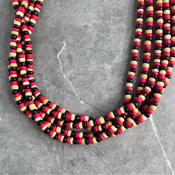 Vintage 1980's Wooden Beaded Necklace Black, Cream,‎ Red Five Strands - Picture 8 of 12